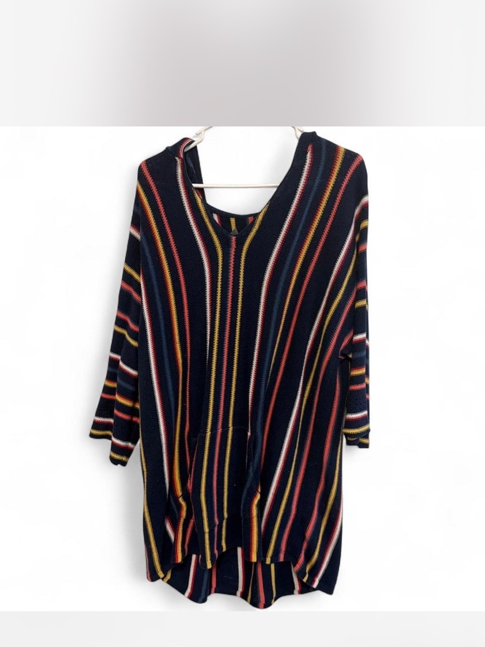 Natural Reflections Black Striped V-Neck Knit Tunic with Multicolor Stripes